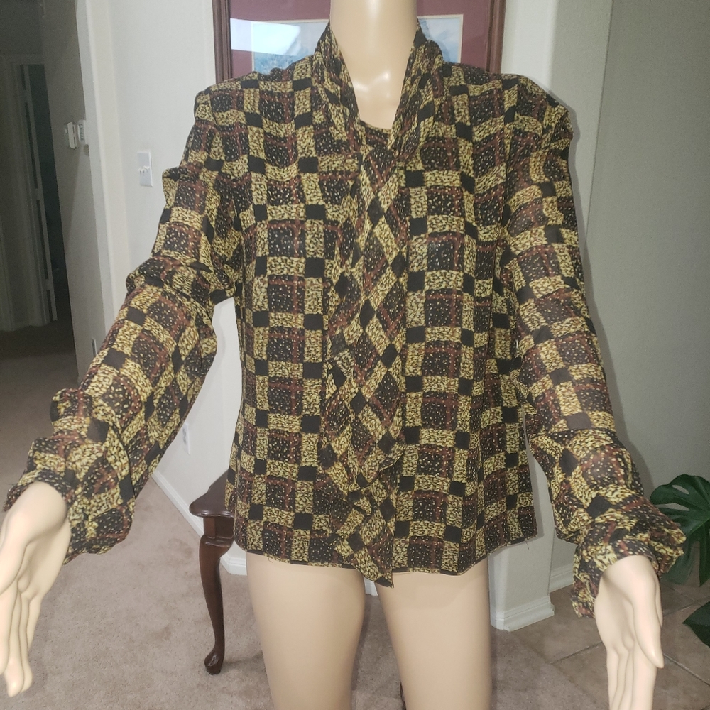 Cynthia Howie 14 silk semisheer longsleeve blouse patchwork plaid design
